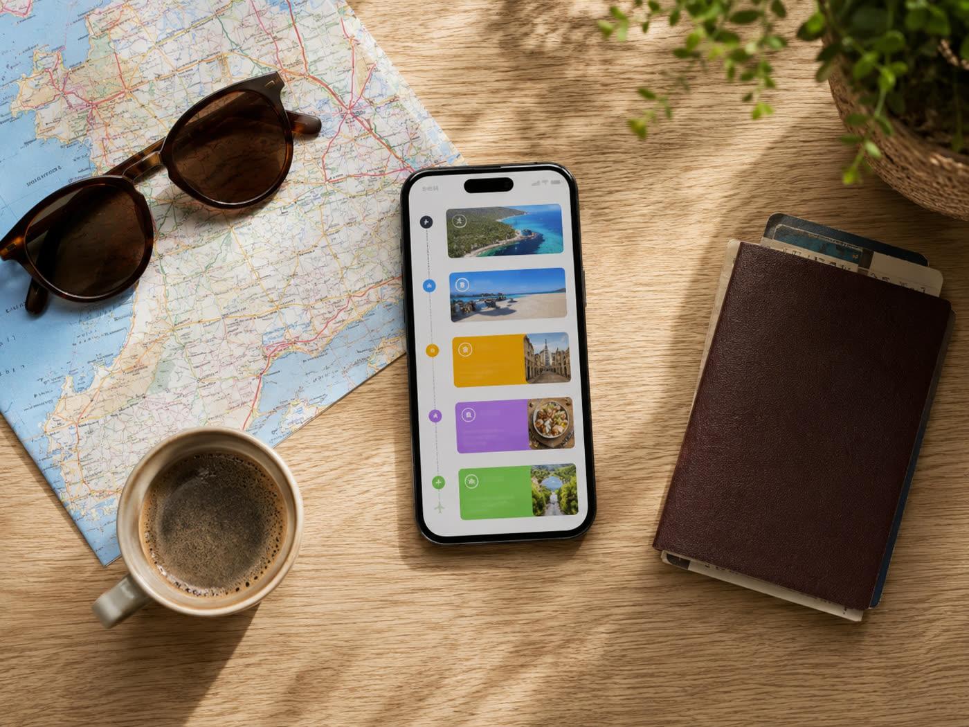 A trip being planned: passport, notebook, and a phone laid out on a table