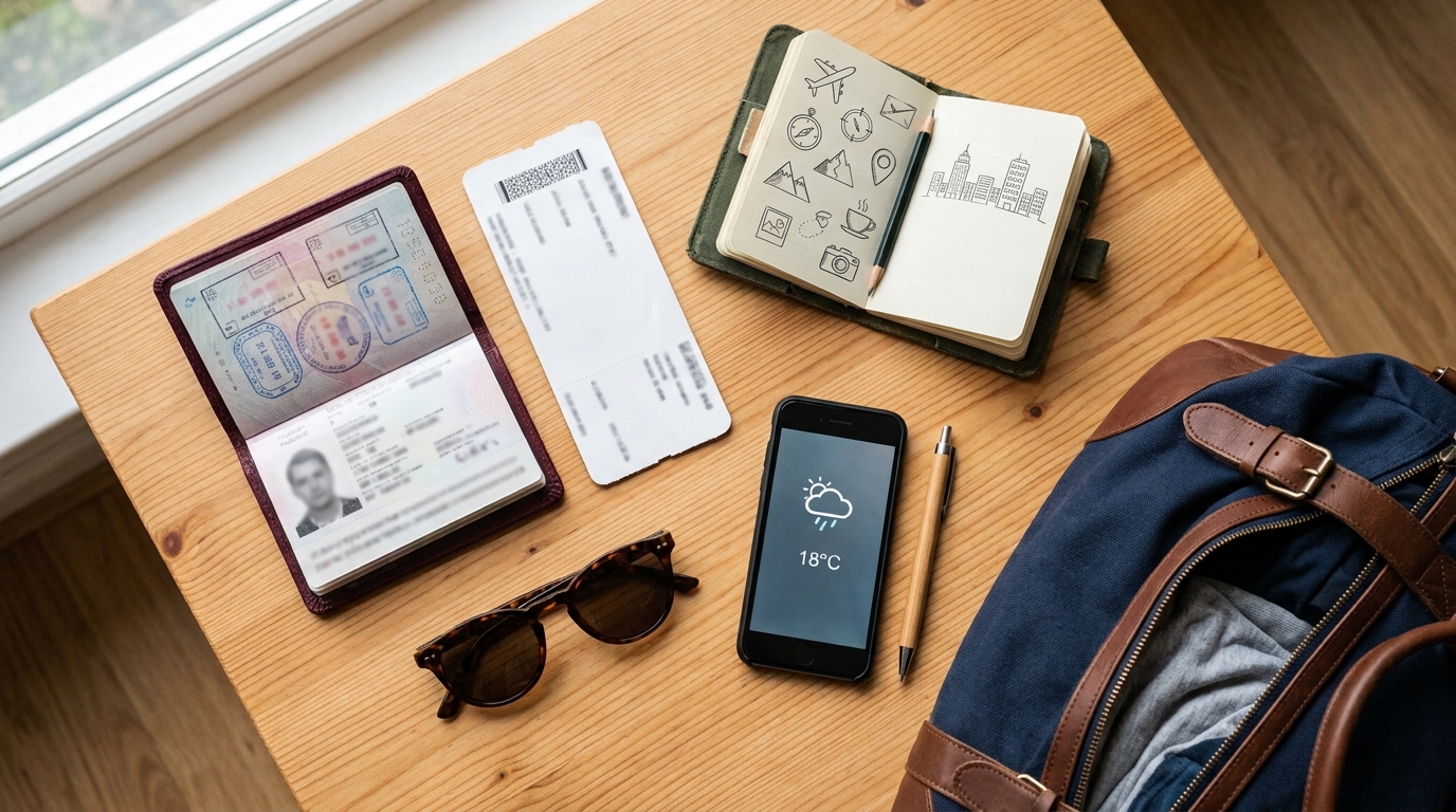 An overhead flat-lay of a passport, boarding pass, and packed carry-on ready for a trip